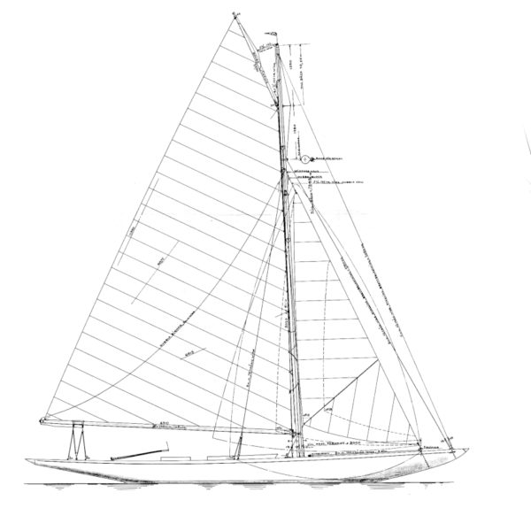 Line drawing of a yacht with sail
