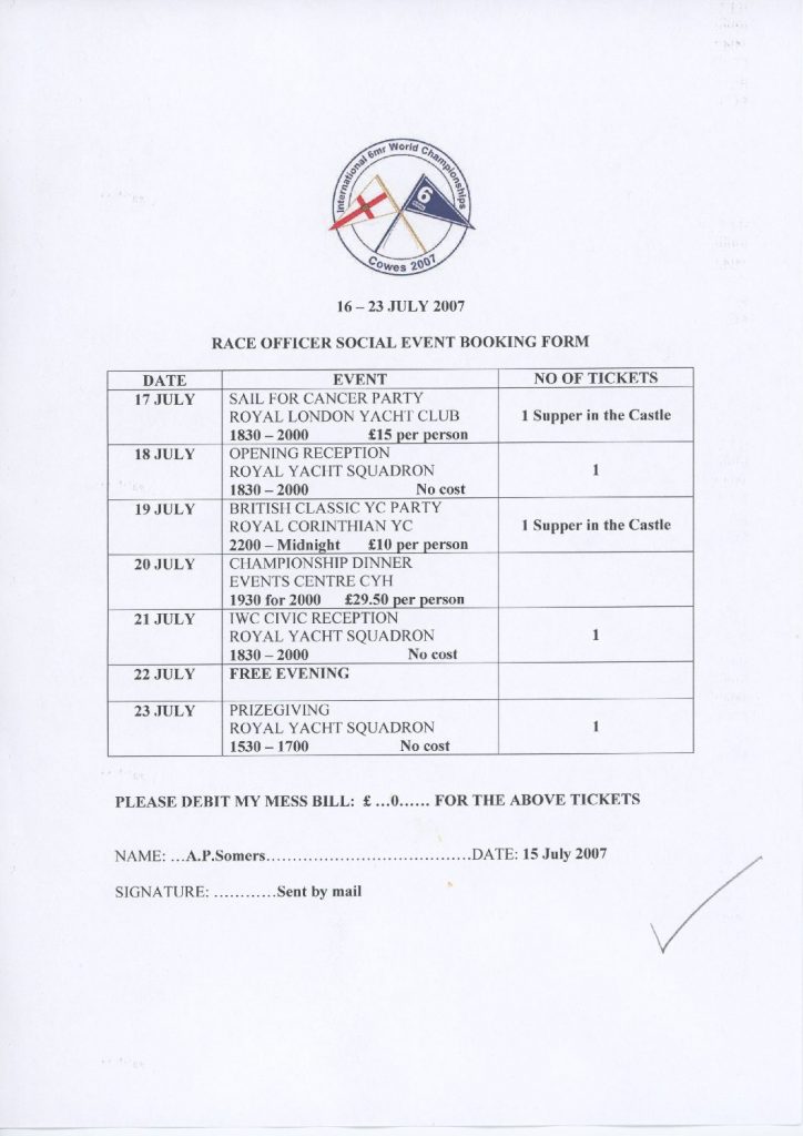 Booking form, World Championships 2007