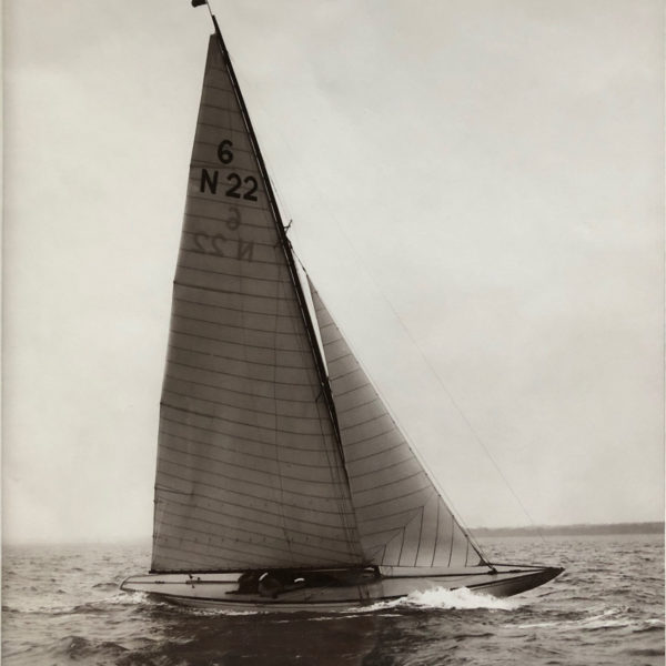Black and white photograph of a sailing boat