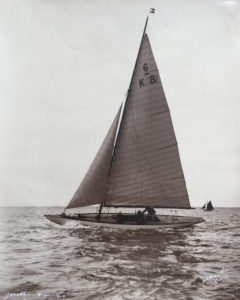 Black and white photograph of sailing boat.