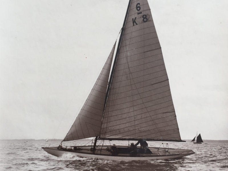 Black and white photograph of sailing boat.