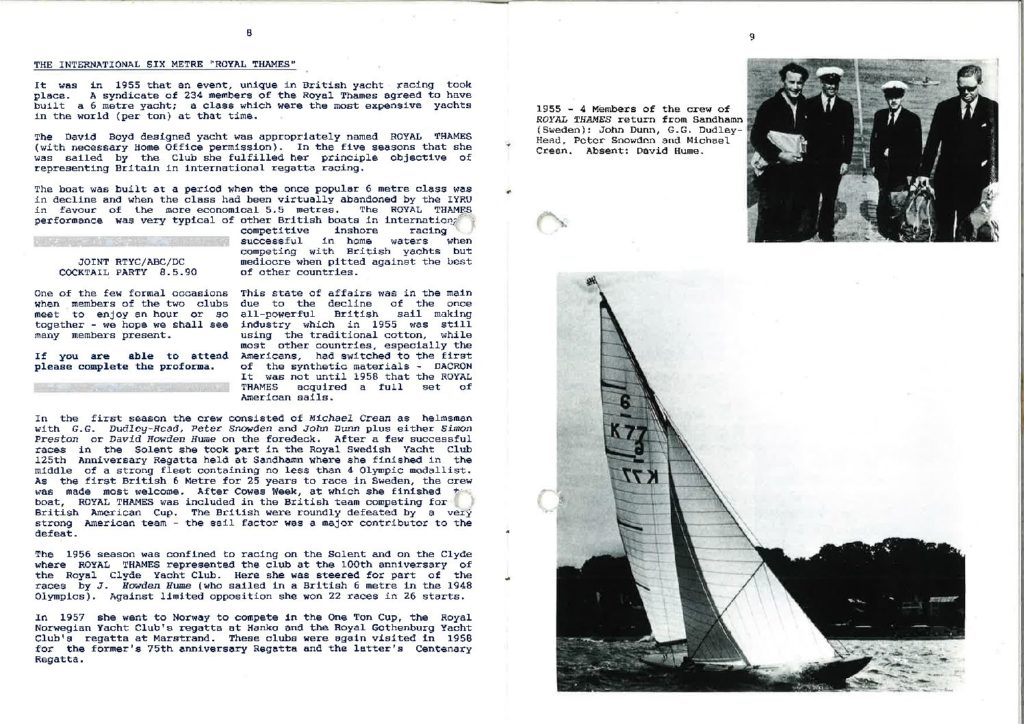 Royal Thames Yacht Club newsletter article, 1990