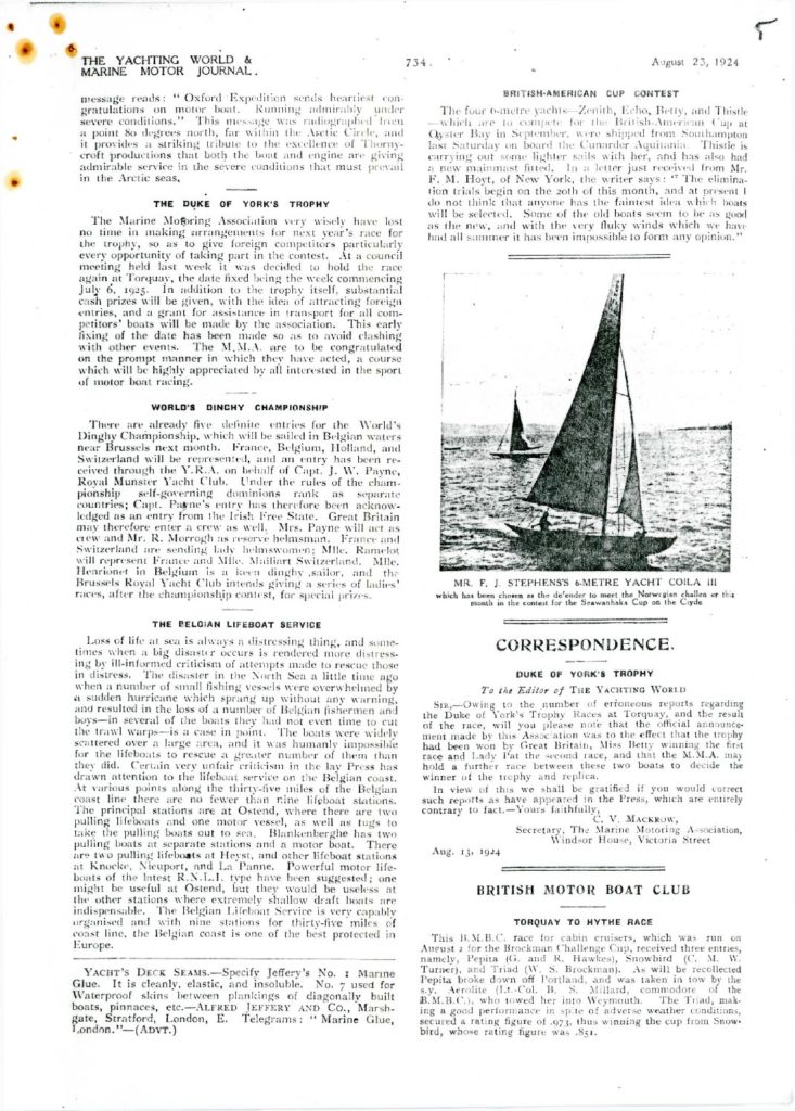 Yachting World, “British-American Cup contest”, August 1924