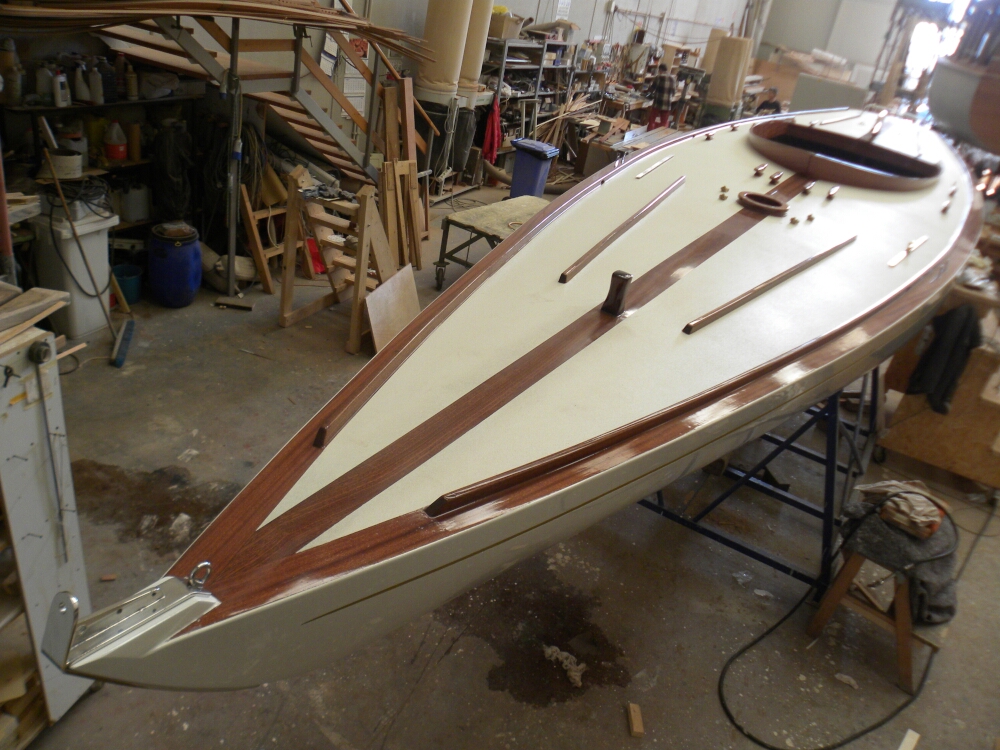 Hull of a boat in a workshop after restoration