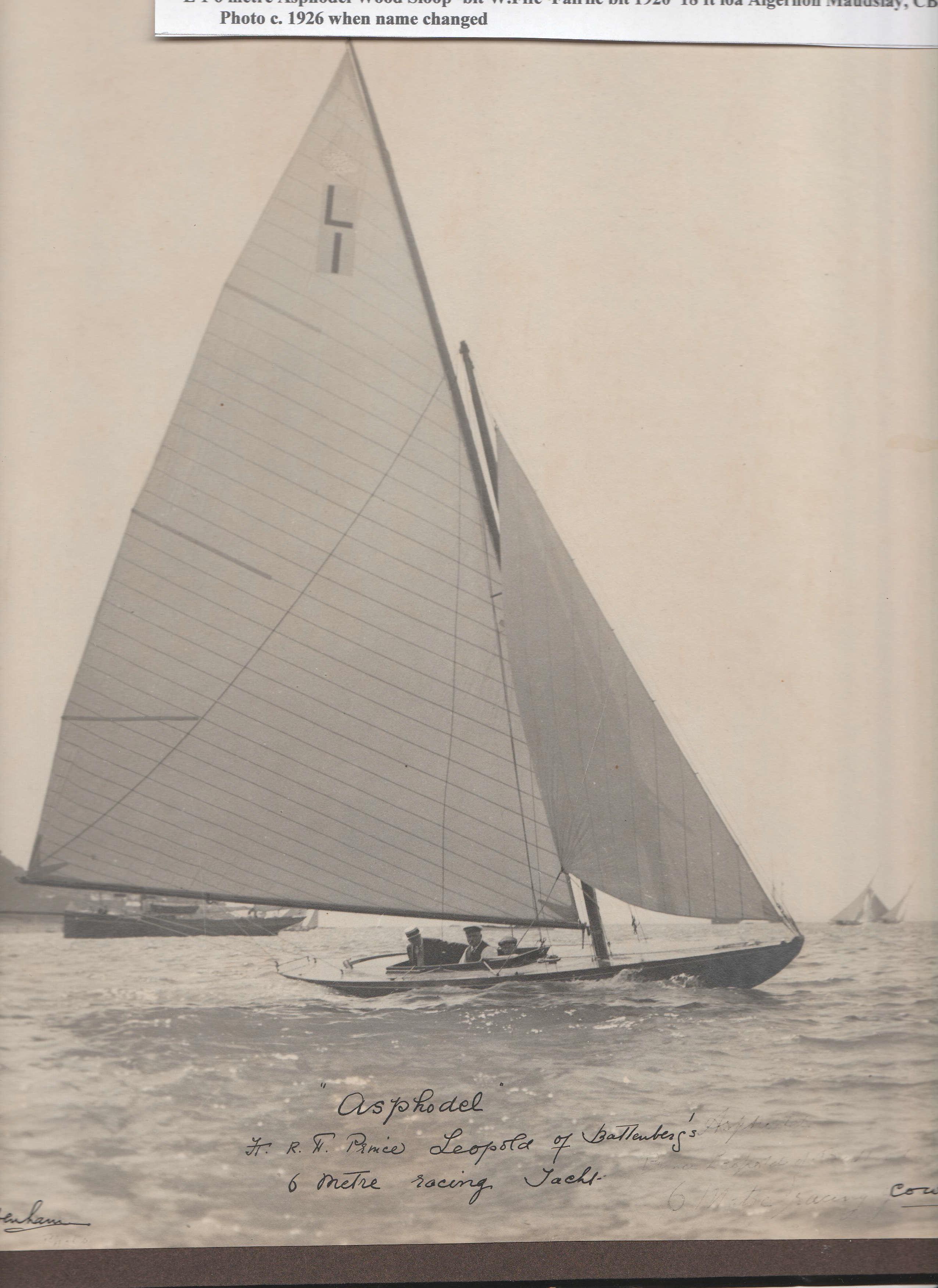 Black and white photograph of Six Metre sailing boat.