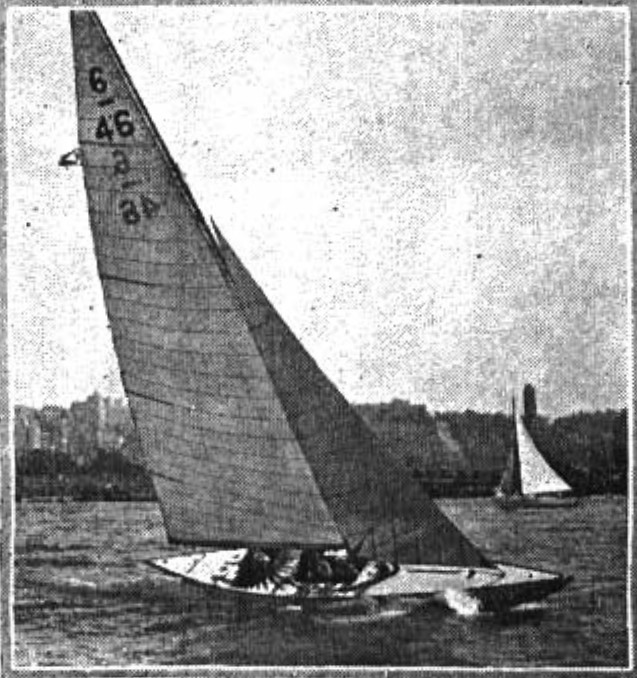 Historic black and white photo of a yacht.