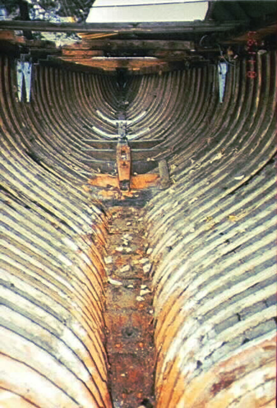 Detail of the inside of a wooden hull.