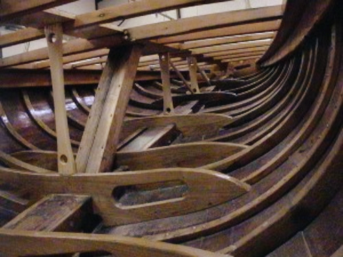 Detail of the inside of a wooden hull.