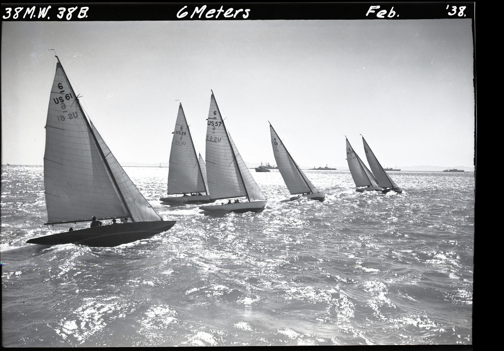 A 1938 black and white photograph of seven Six Metres racing at the 1938 Midwinter Series, which took place off of Los Angeles from the late 20’s through the 30’s and post war.