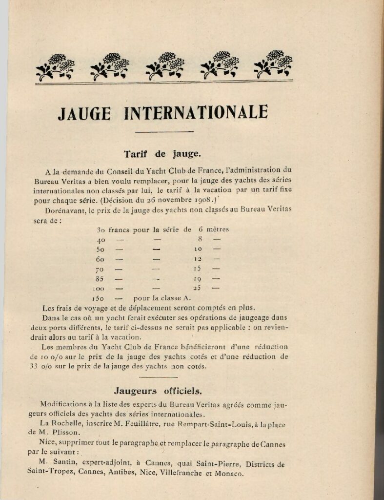 Bulletin Officiel du Yacht Club de France, “Jauge Internationale: Tarif de jauge”, 1909