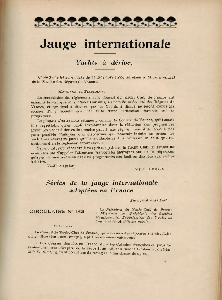 Bulletin Officiel du Yacht Club de France, “Jauge internationale”, 1907