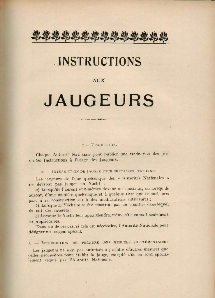Bulletin Officiel du Yacht Club de France, “Instructions aux jaugeurs”, 1907