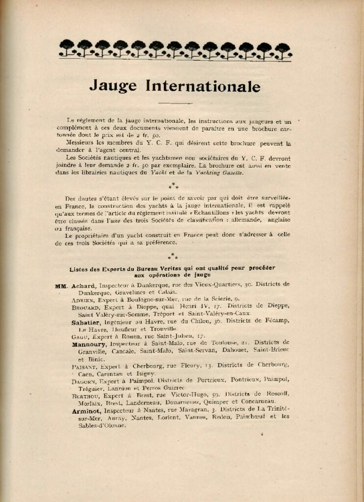 Bulletin Officiel du Yacht Club de France, “Jauge Internationale”, 1907