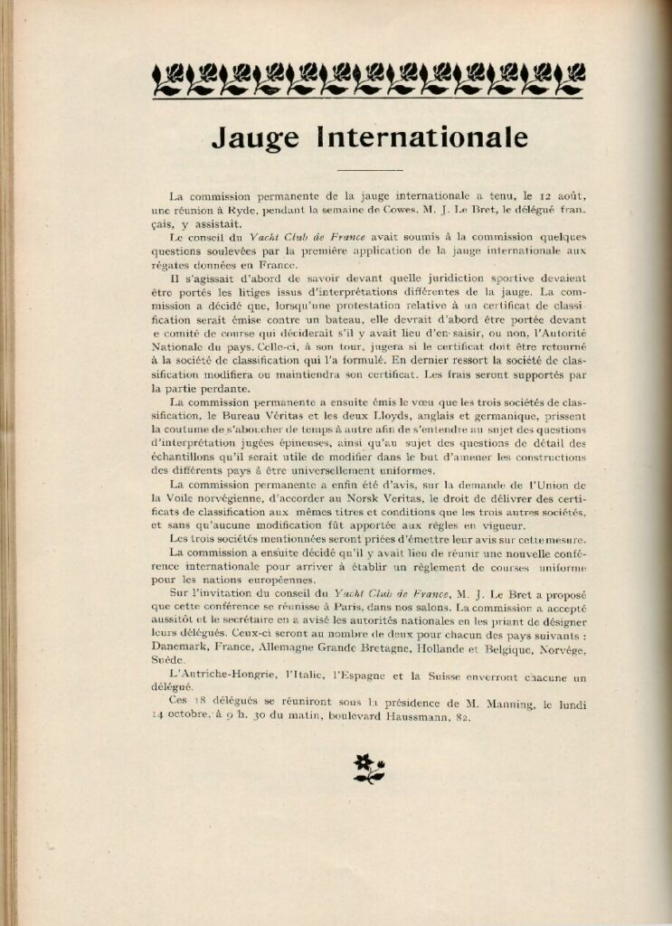 Bulletin Officiel du Yacht Club de France, “Jauge Internationale”, 1907