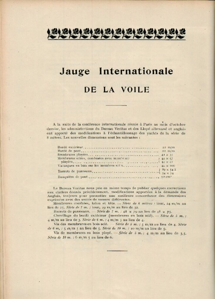 Bulletin Officiel du Yacht Club de France, “Jauge Internationale de la Voile”, 1908