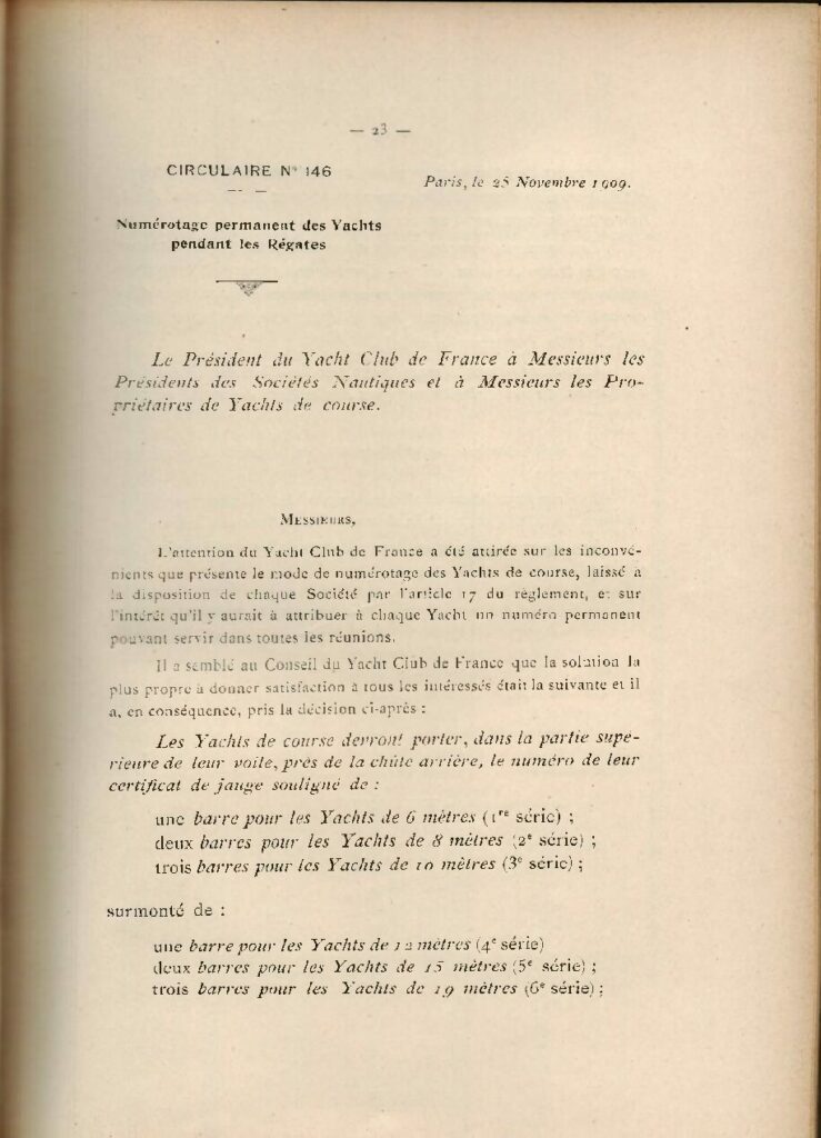 Bulletin Officiel du Yacht Club de France, “Numérotage permanent des Yachts pendant les Régates”, 1910