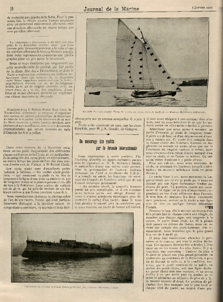 Le Yacht, “Du mesurage des yachts par la formule internationale”, January 1907