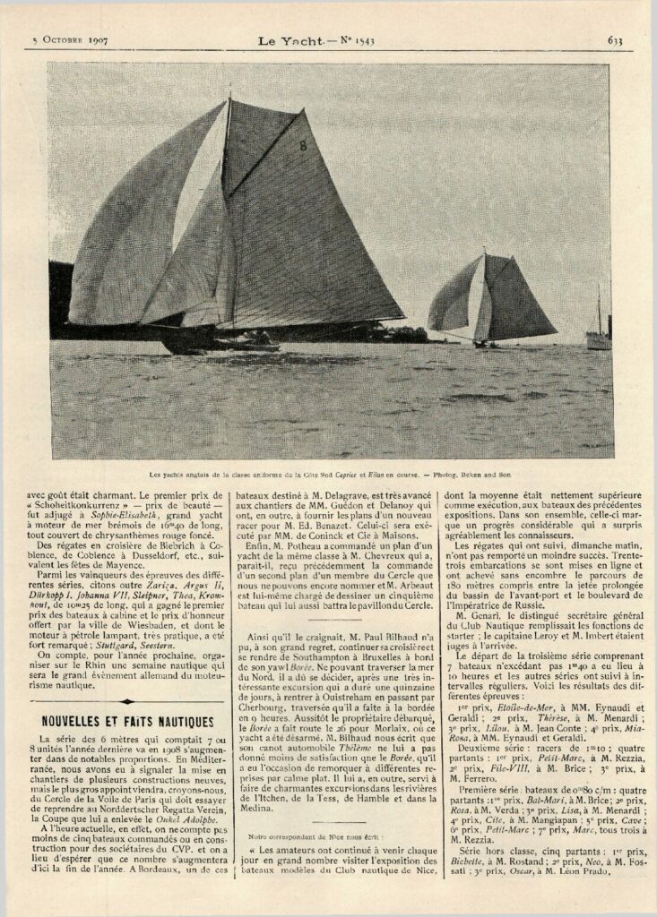 Le Yacht, “Nouvelles et faits nautiques”, October 1907