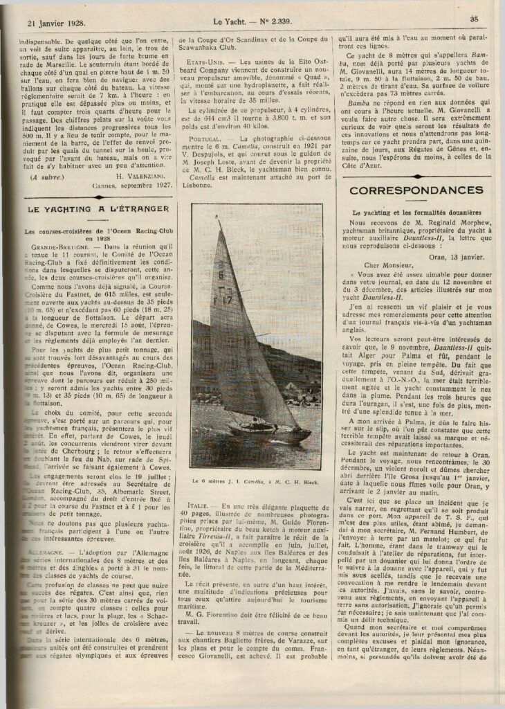 Le Yacht, “Le yachting a l’étranger”, January 1928