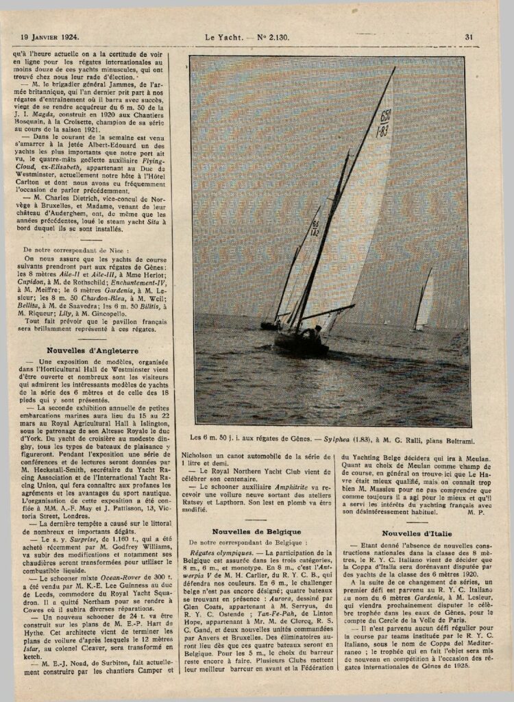 Le Yacht, “Nouvelles…”, January 1924