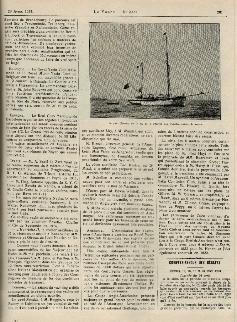 Le Yacht, “Le yachting a l’étranger”, April 1924